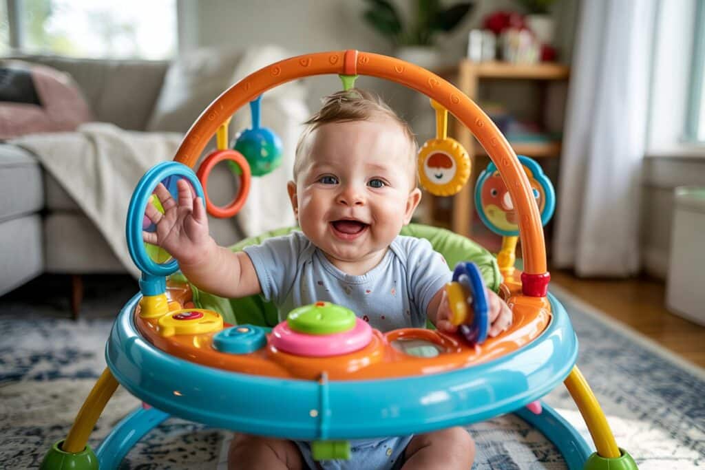 A happy baby explores a stationary activity center filled with colorful toys.