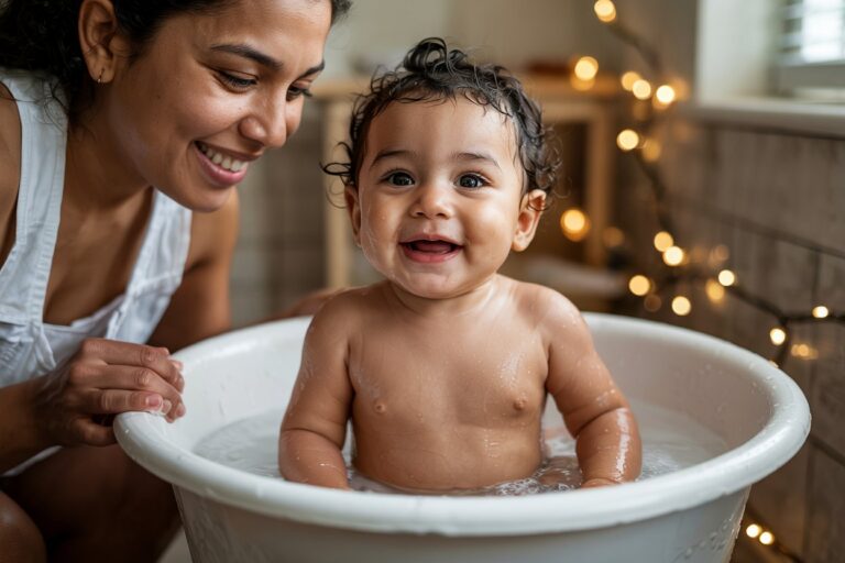 A happy baby enjoying a safe bath time with their parent.