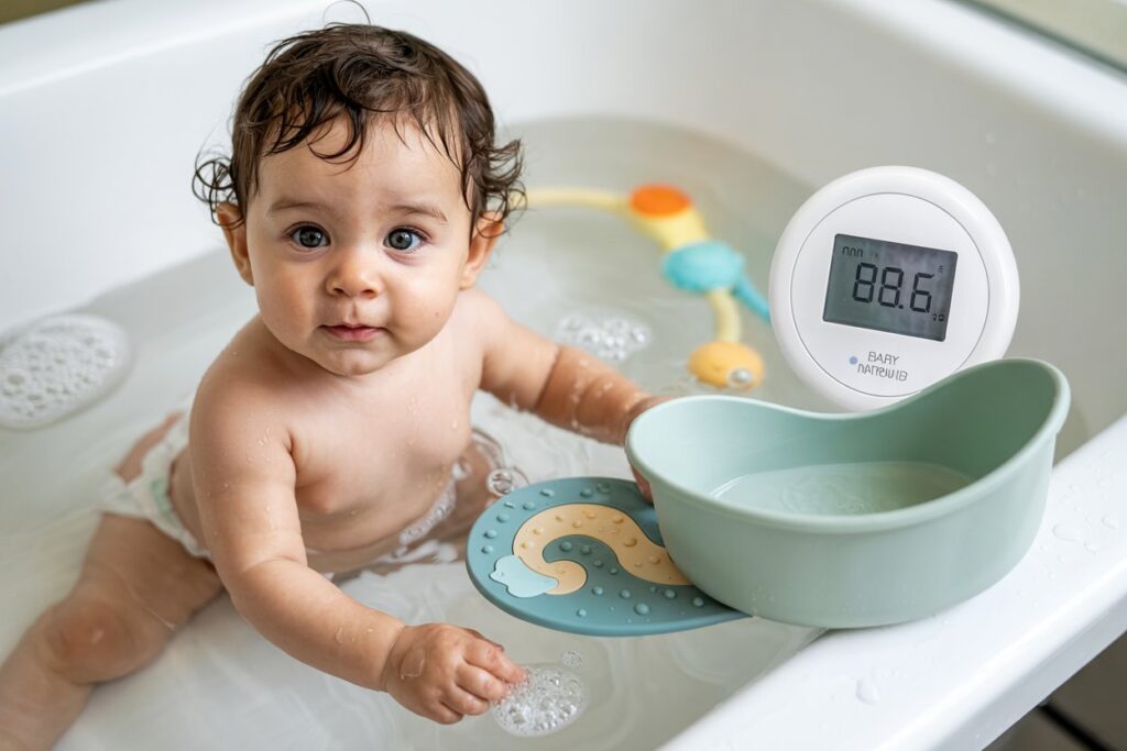 Recommended products for safe baby bathing: non-slip mat, thermometer, and baby bathtub.