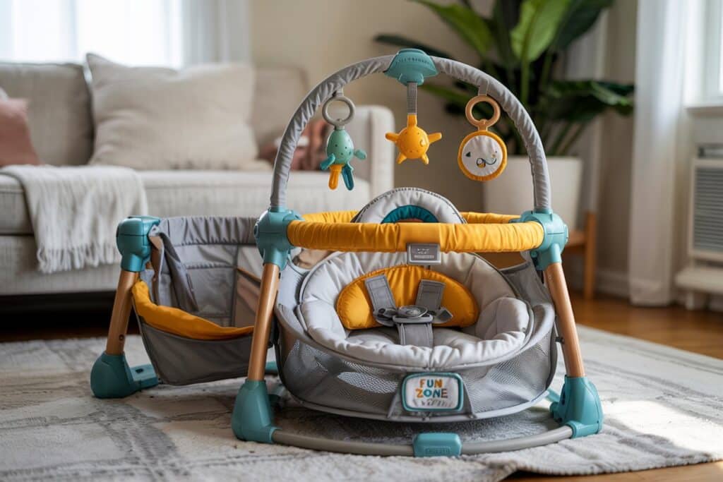 Space-saving foldable baby activity center.