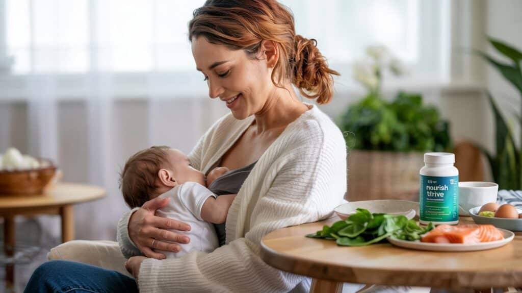 A mother breastfeeding her baby, emphasizing the importance of essential nutrients like iodine, choline, folate, omega-3, and vitamin D in her lactation nutrition.