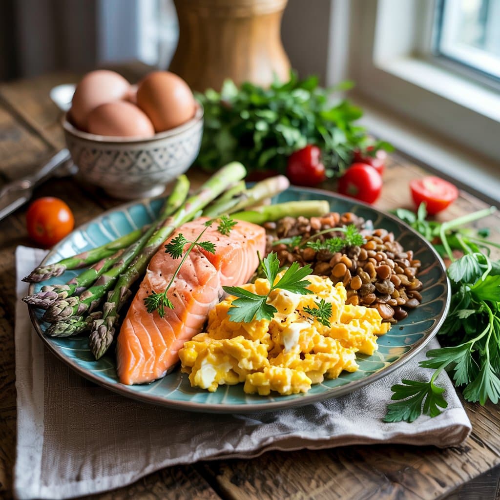 Protein-rich foods such as salmon, eggs, and lentils are essential for a breastfeeding mother's sustained energy and milk quality, forming a key part of nutrition for breastfeeding mothers.