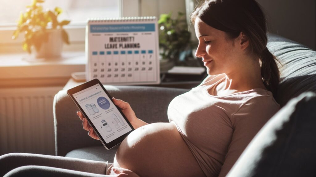 Pregnant woman planning for breastfeeding and returning to work by researching breast pumps.
