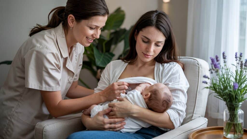 Lactation consultant providing breastfeeding support to a new mother and her baby.