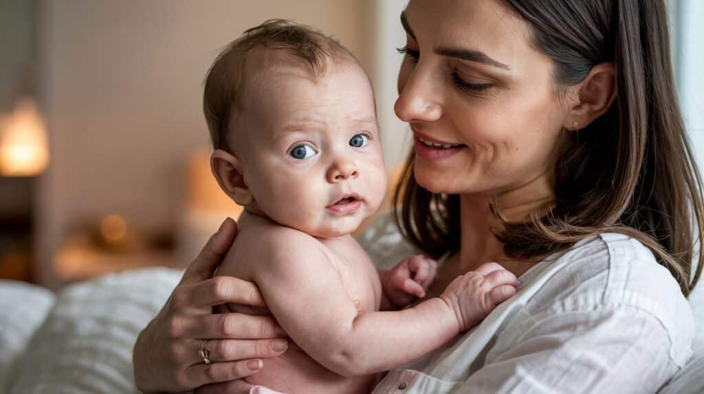 Baby showing active hunger cues by crying and frantically rooting while being held by their mother.