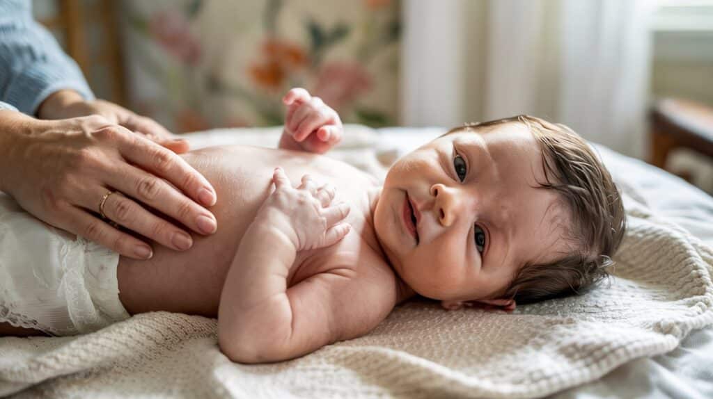 Baby showing signs of fullness with a relaxed body and open hands after breastfeeding.