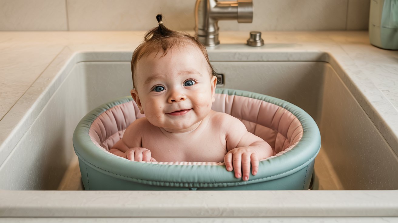 Baby enjoying bath time in a space-saving sink insert.