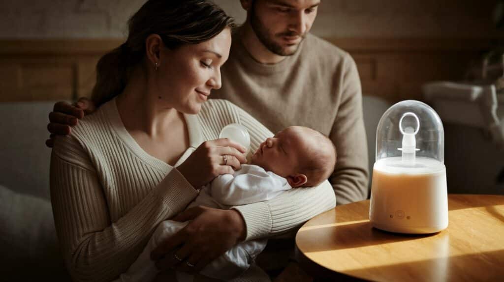 Mother introducing a bottle to her breastfed baby with support from her partner.