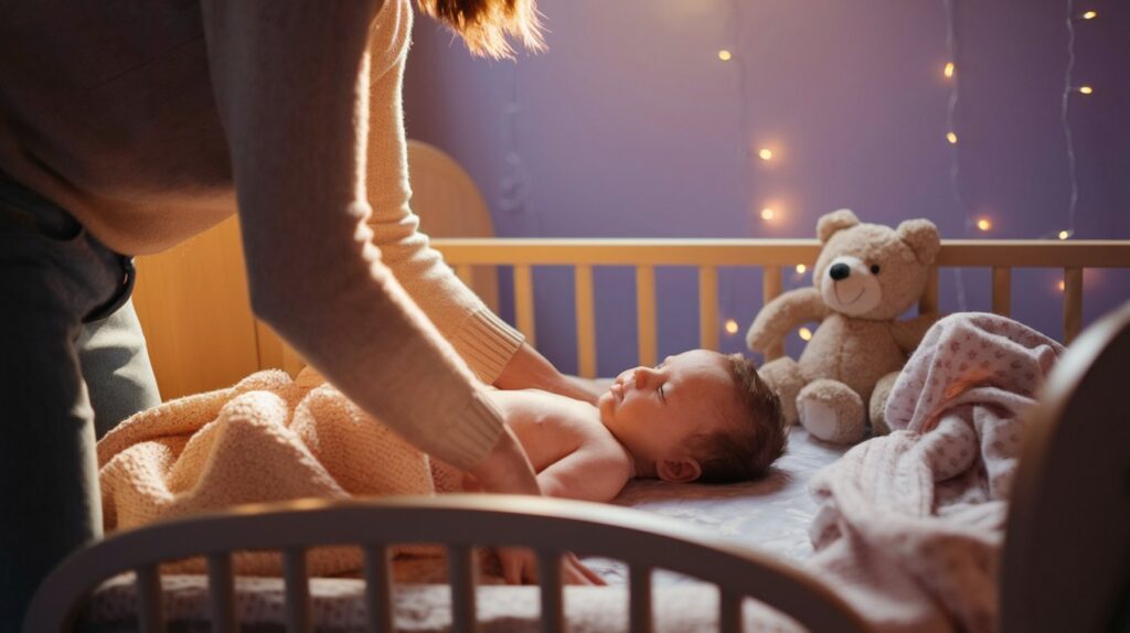 Parent putting baby to sleep.