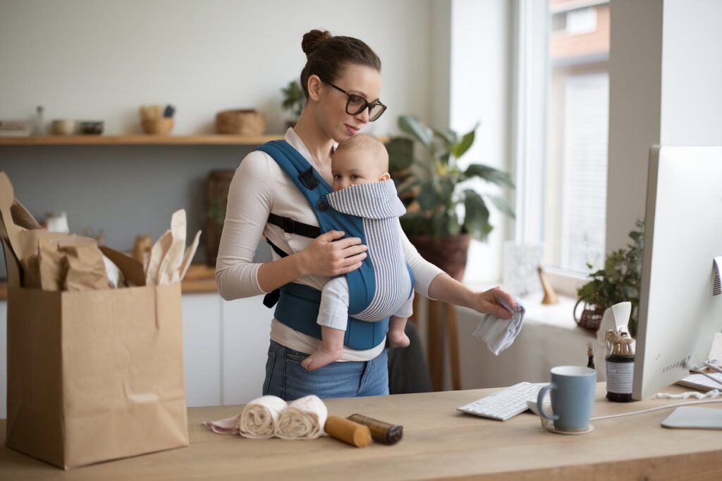 Hands-free convenience using a baby carrier.