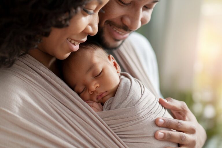 Parent lovingly gazes at baby snuggled in a baby carrier, showcasing babywearing attachment