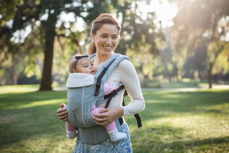 Happy parent enjoying outdoor walk with baby in ergonomic carrier