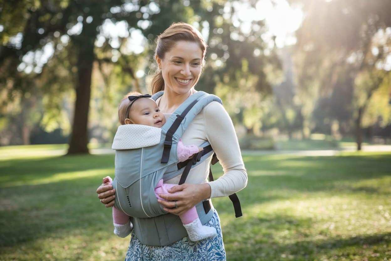 Happy parent enjoying outdoor walk with baby in ergonomic carrier