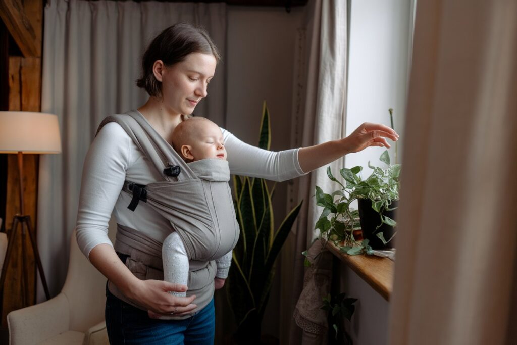 Parent using carrier, boosted confidence.