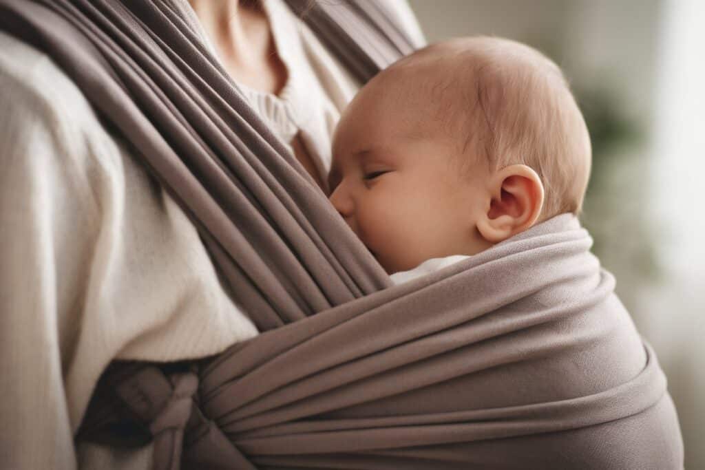 Calm baby in carrier, reduced crying.
