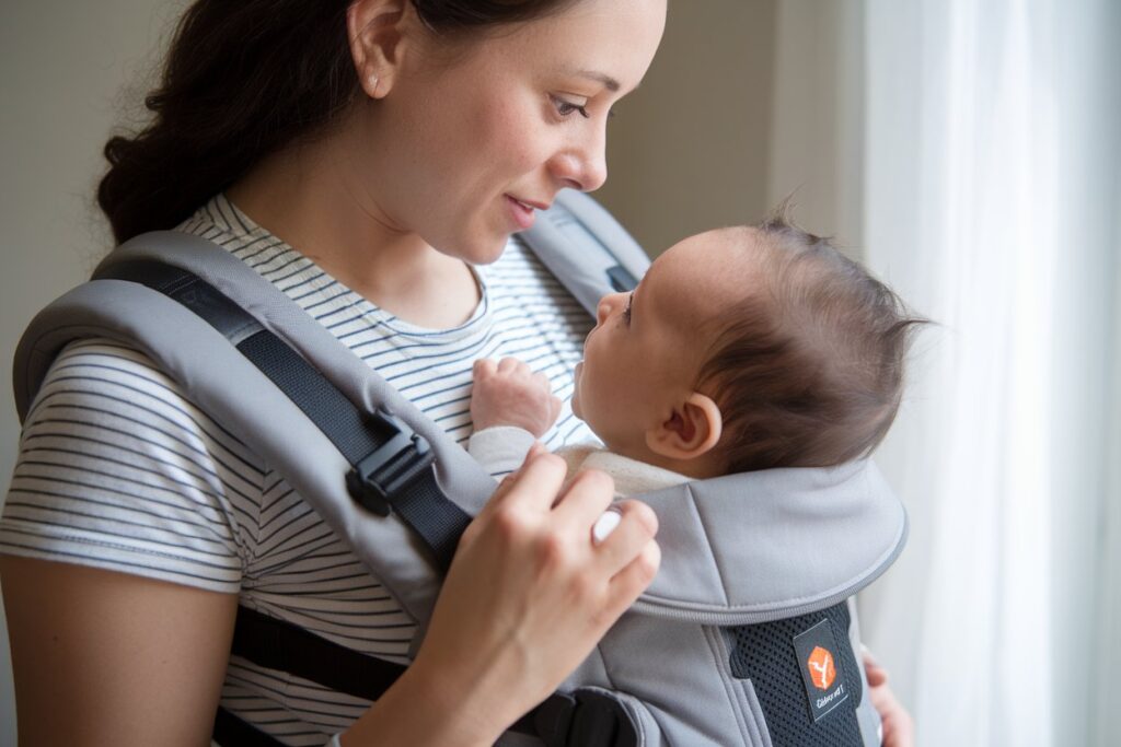 Parent attentively responding to baby's cues while using a baby carrier.