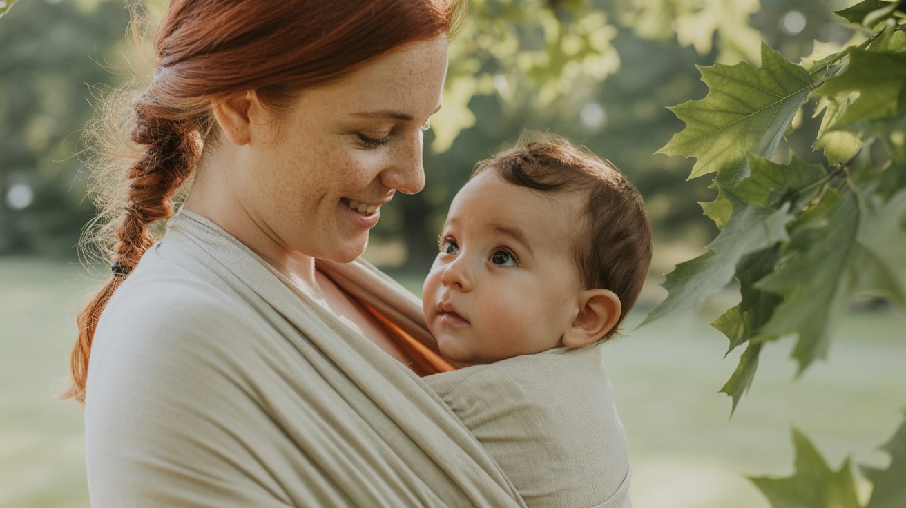 Parent bonding with baby in carrier.Babywearing Benefits
